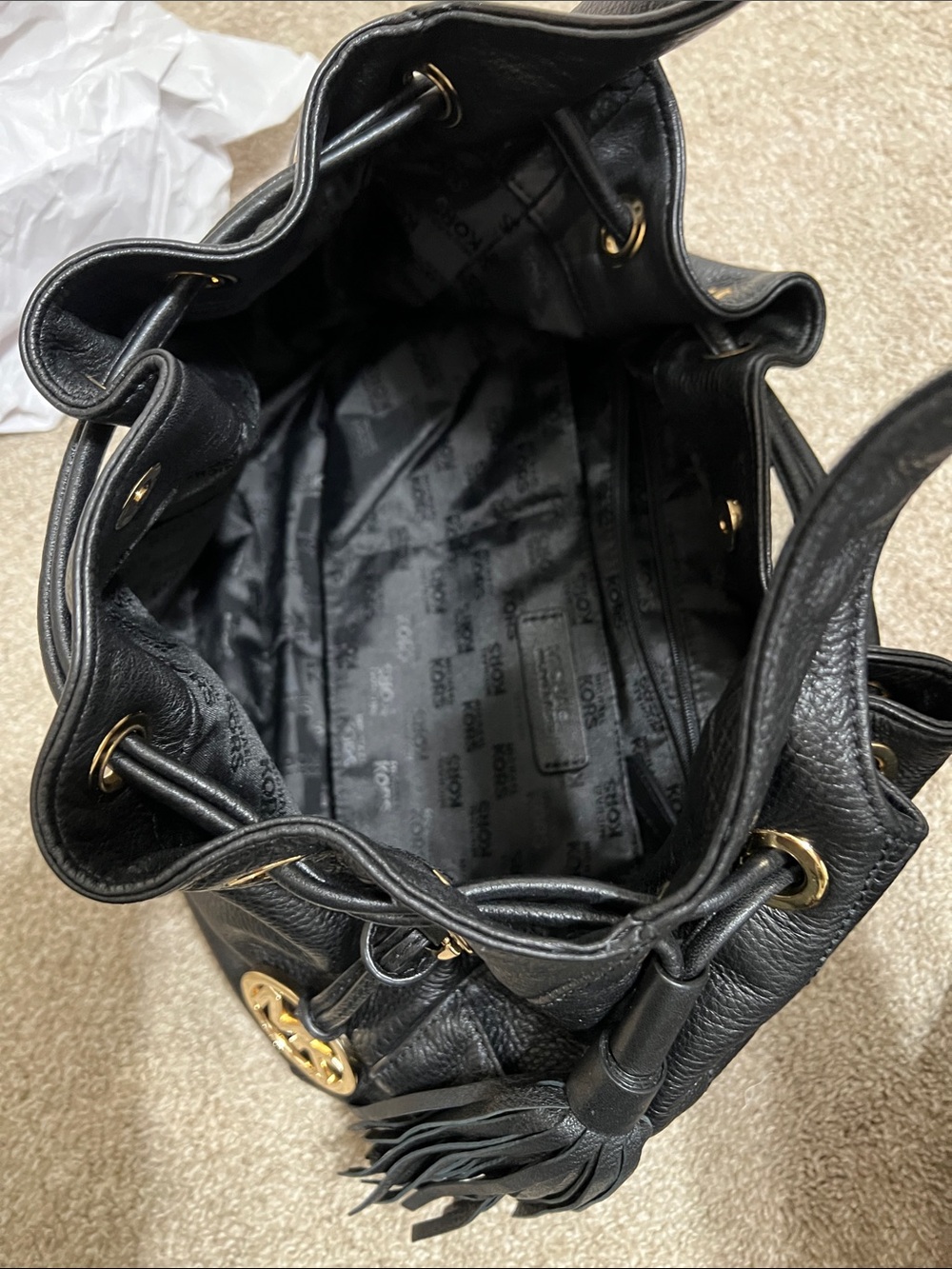 Michael Kors Black Pebbled Leather Drawstring Hobo with Gold MK Charm - Picture 3 of 11